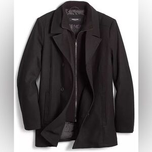 Kenneth Cole Black Double-Breasted Wool Coat with Inner Zip Layer